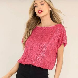 Mainstrip I’m Tempted Sequin Top Short Sleeves Hot Pink L NWT